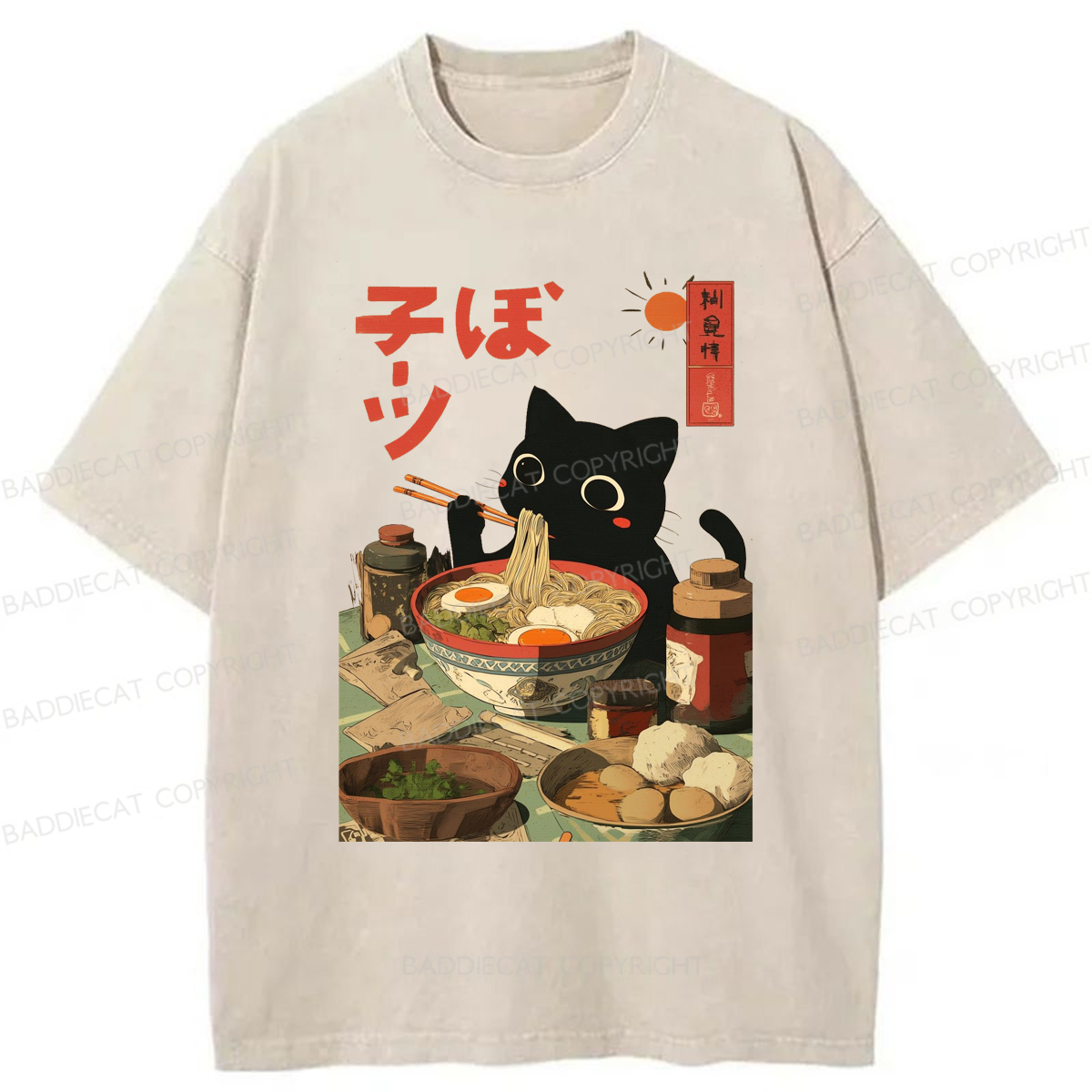 Baddiecat Japanese Black Cat Ramen Washed T-shirt