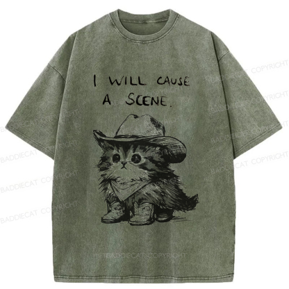 Baddiecat Funny Cowboy Cat Washed T-shirt