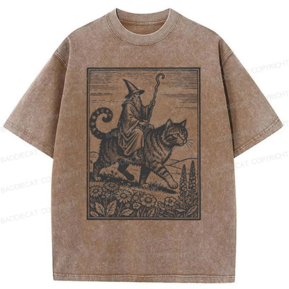 Baddiecat Funny Wizard Cat Rider Washed T-shirt