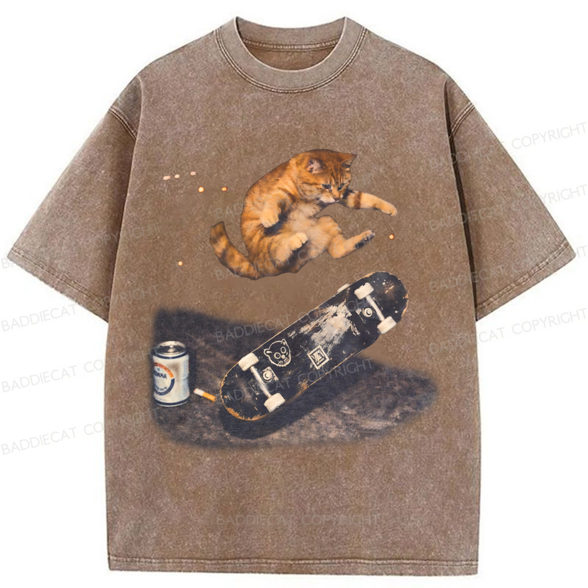 Baddiecat Skateboarding Cat Washed T-shirt