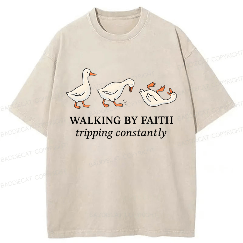 Baddiecat Walking by Faith Tripping Constantly Inspirational Washed T-shirt