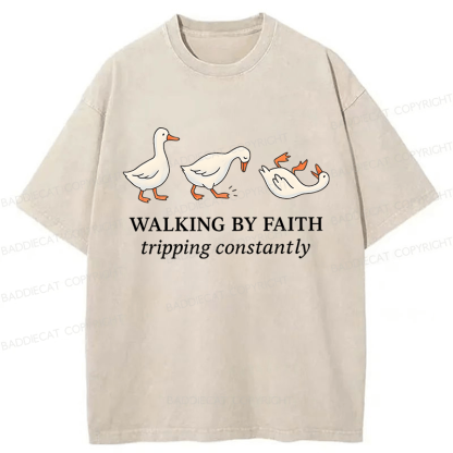 Baddiecat Walking by Faith Tripping Constantly Inspirational Washed T-shirt