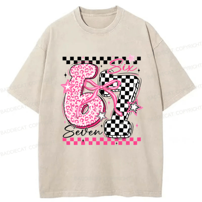 Baddiecat Y2K Groovy Pink Cheetah Checkerboard Six Seven Washed T-shirt