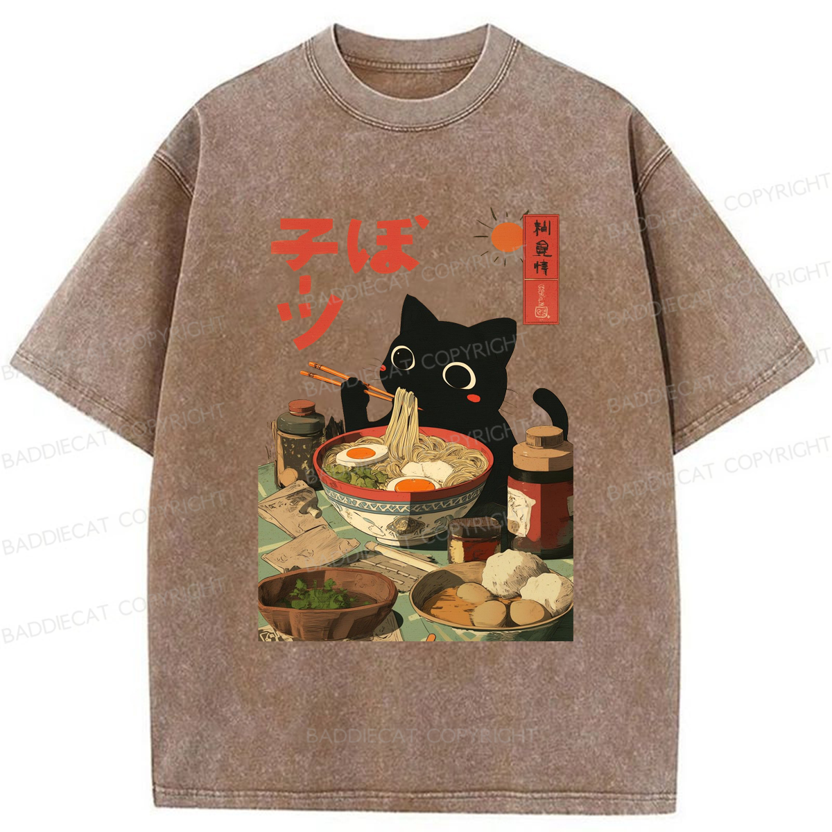 Baddiecat Japanese Black Cat Ramen Washed T-shirt