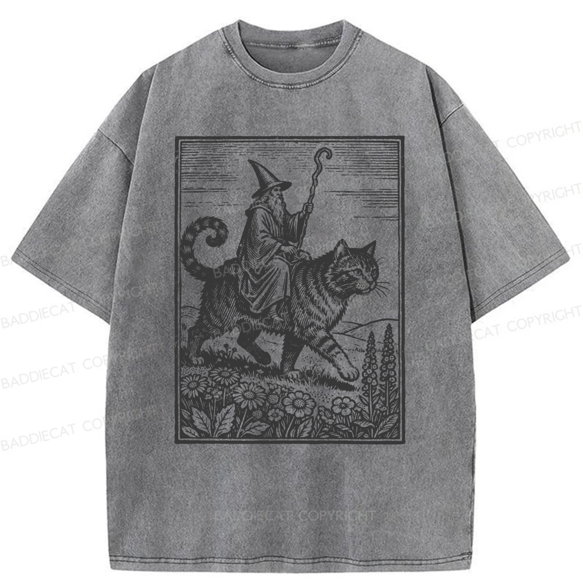 Baddiecat Funny Wizard Cat Rider Washed T-shirt