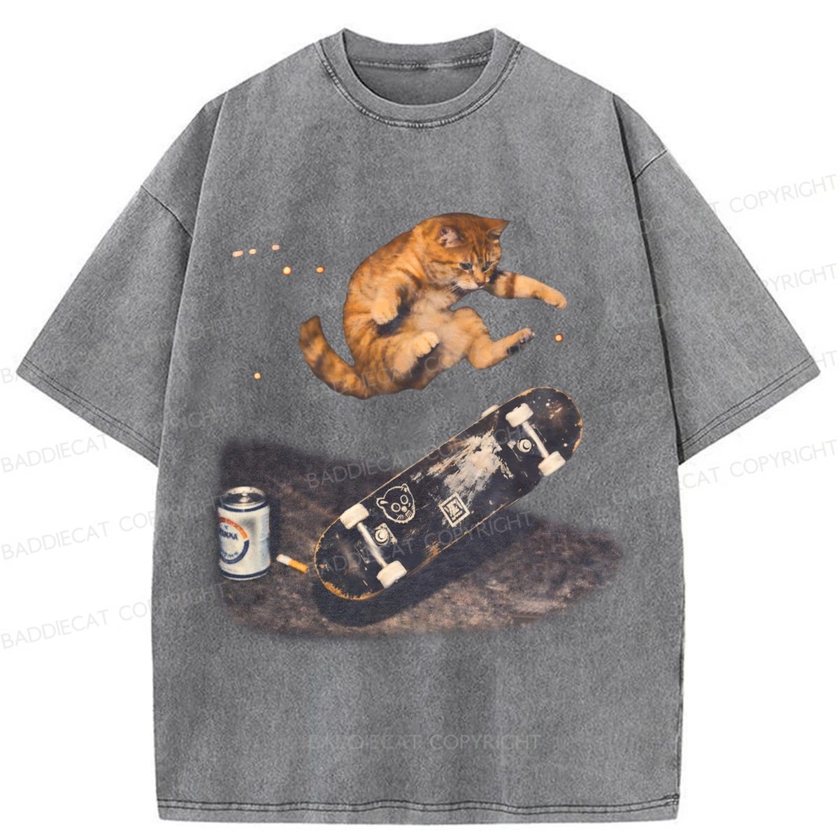 Baddiecat Skateboarding Cat Washed T-shirt