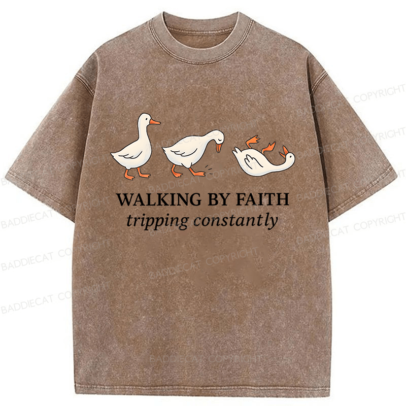 Baddiecat Walking by Faith Tripping Constantly Inspirational Washed T-shirt