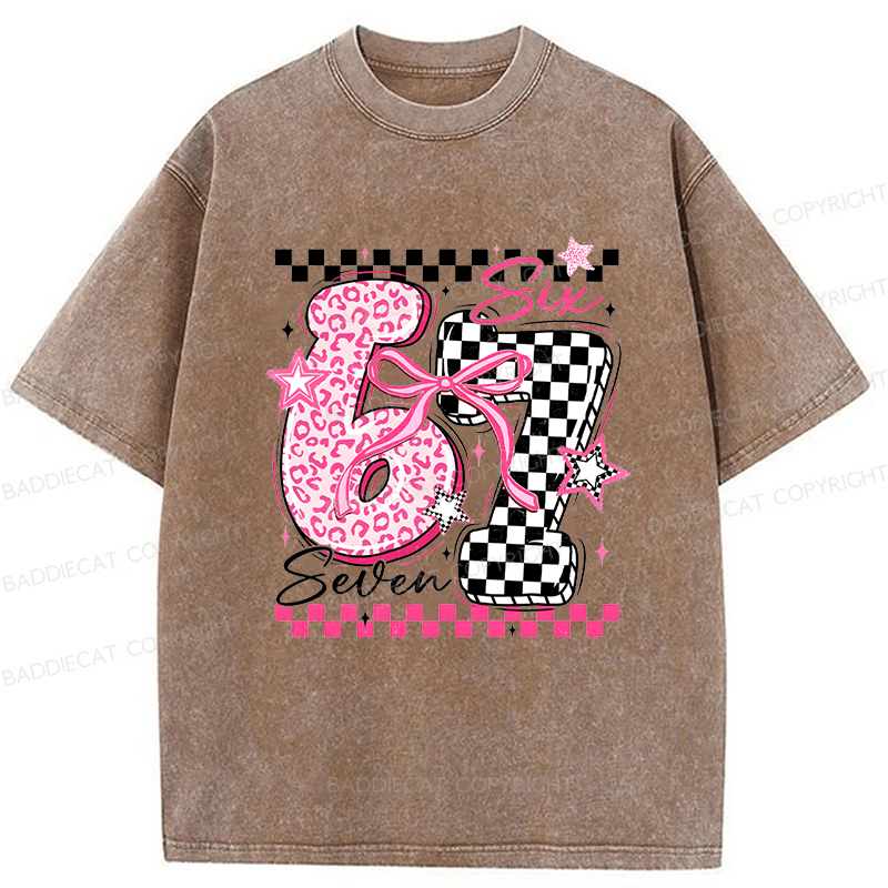 Baddiecat Y2K Groovy Pink Cheetah Checkerboard Six Seven Washed T-shirt