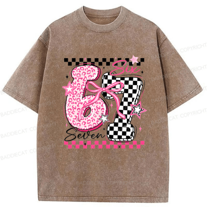 Baddiecat Y2K Groovy Pink Cheetah Checkerboard Six Seven Washed T-shirt