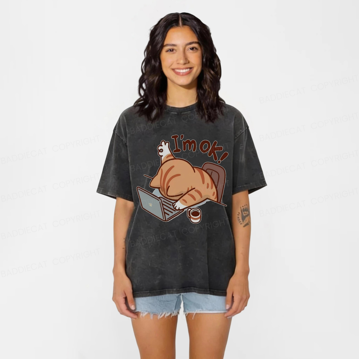 Baddiecat Funny Cat I'm Ok Washed T-shirt