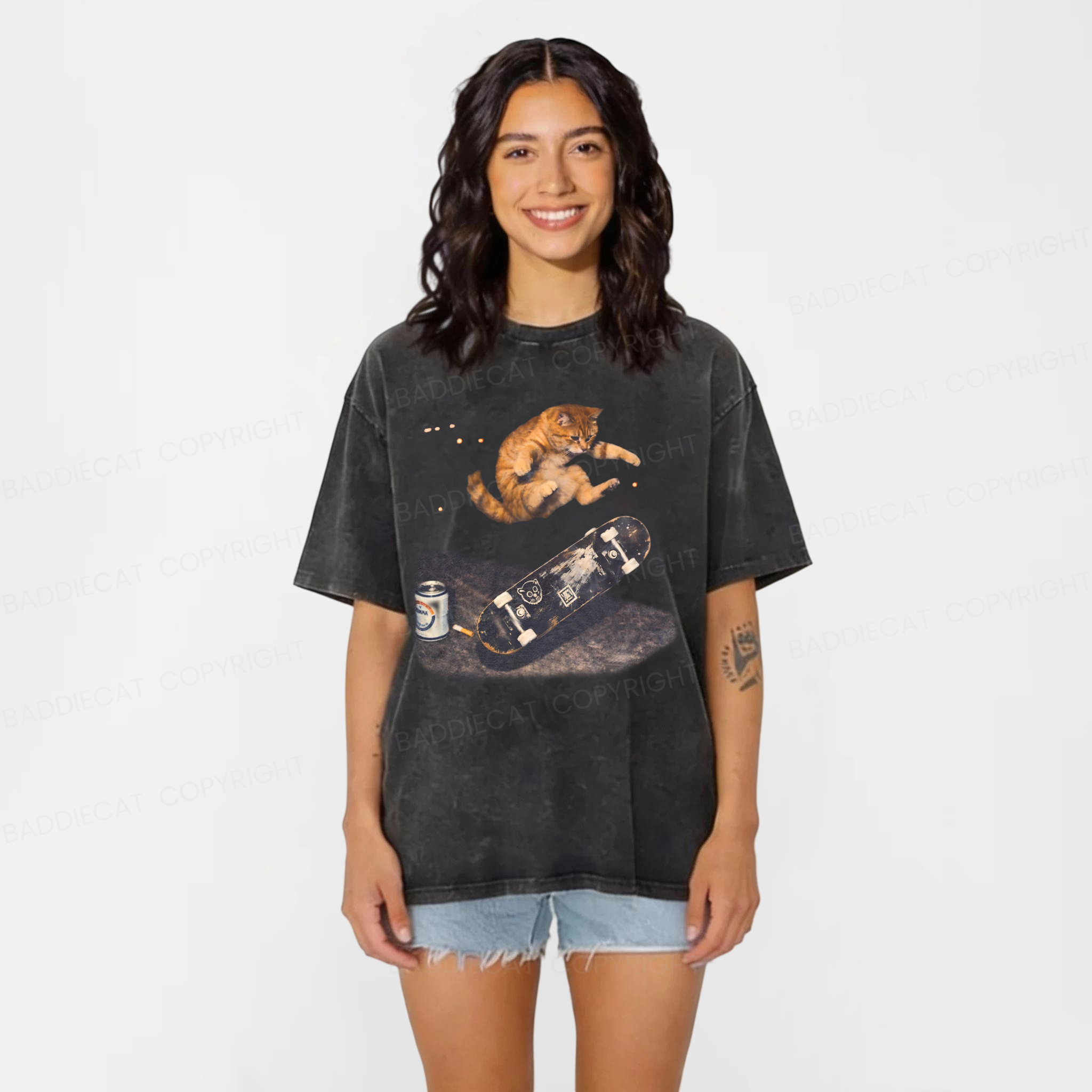 Baddiecat Skateboarding Cat Washed T-shirt
