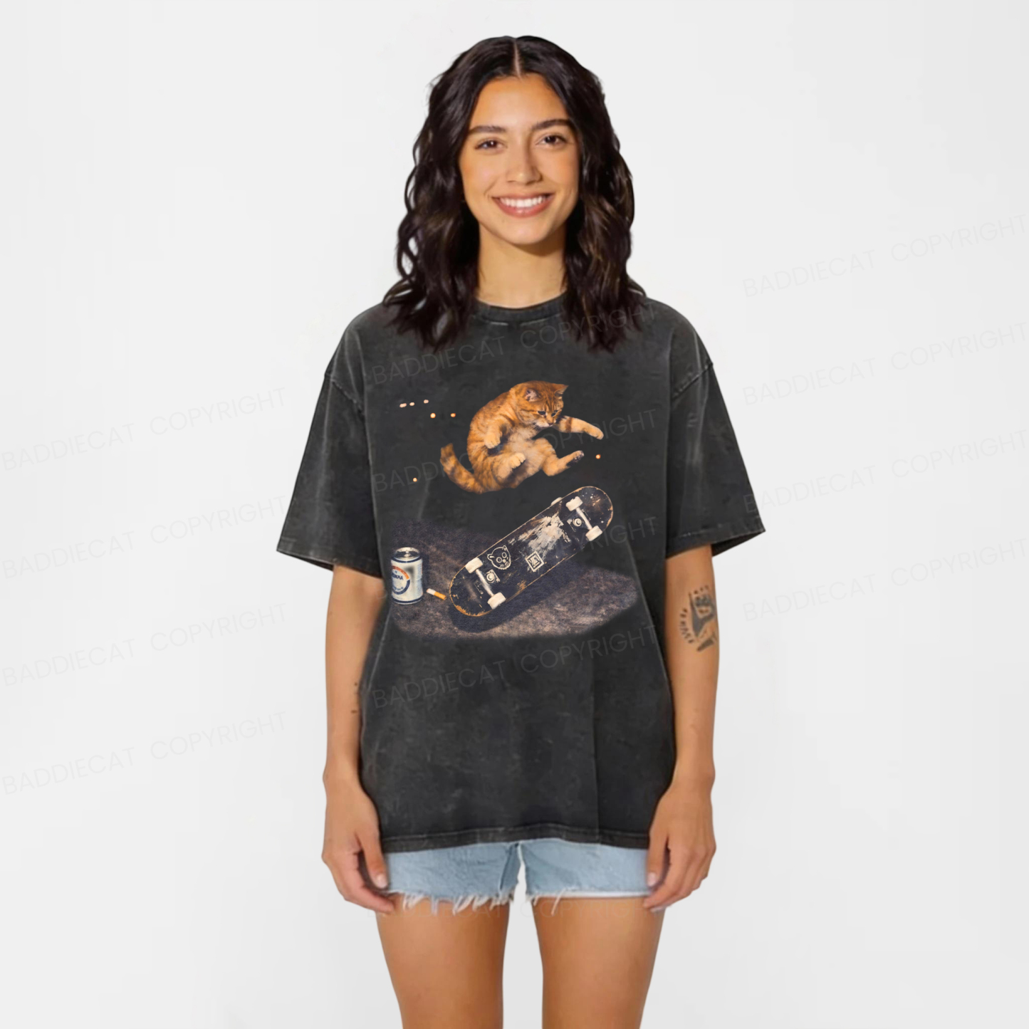 Baddiecat Skateboarding Cat Washed T-shirt