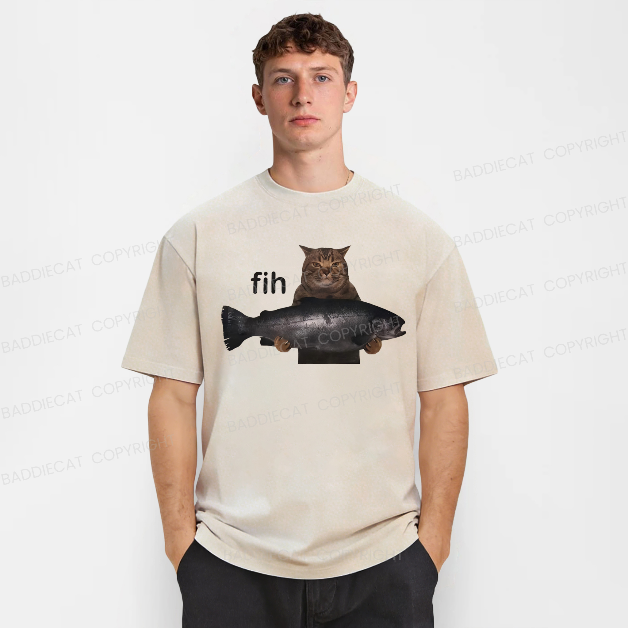 Baddiecat Funny Cat Fih Washed T-shirt