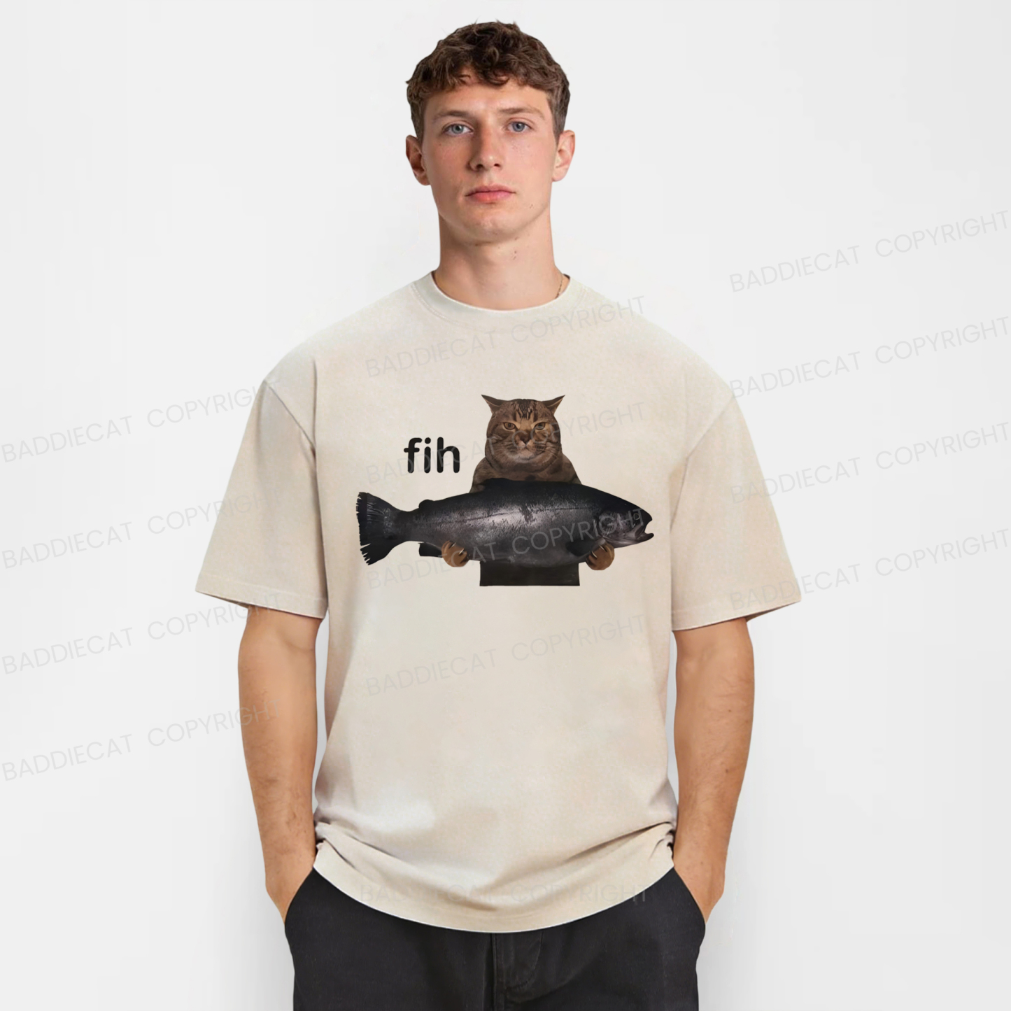 Baddiecat Funny Cat Fih Washed T-shirt