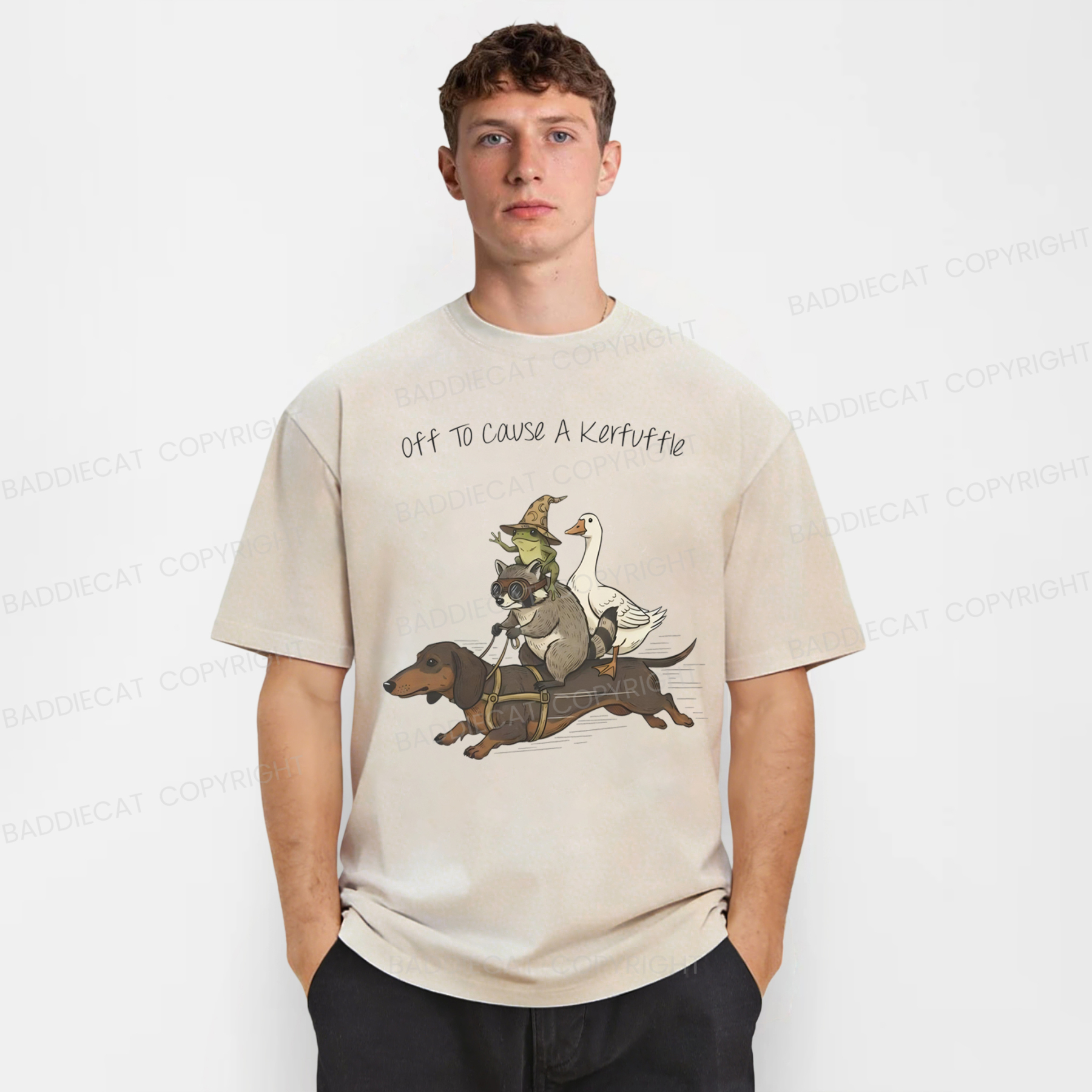 Baddiecat Funny Dachshund-Frog Off To Cause A Kerfuffle Washed T-shirt