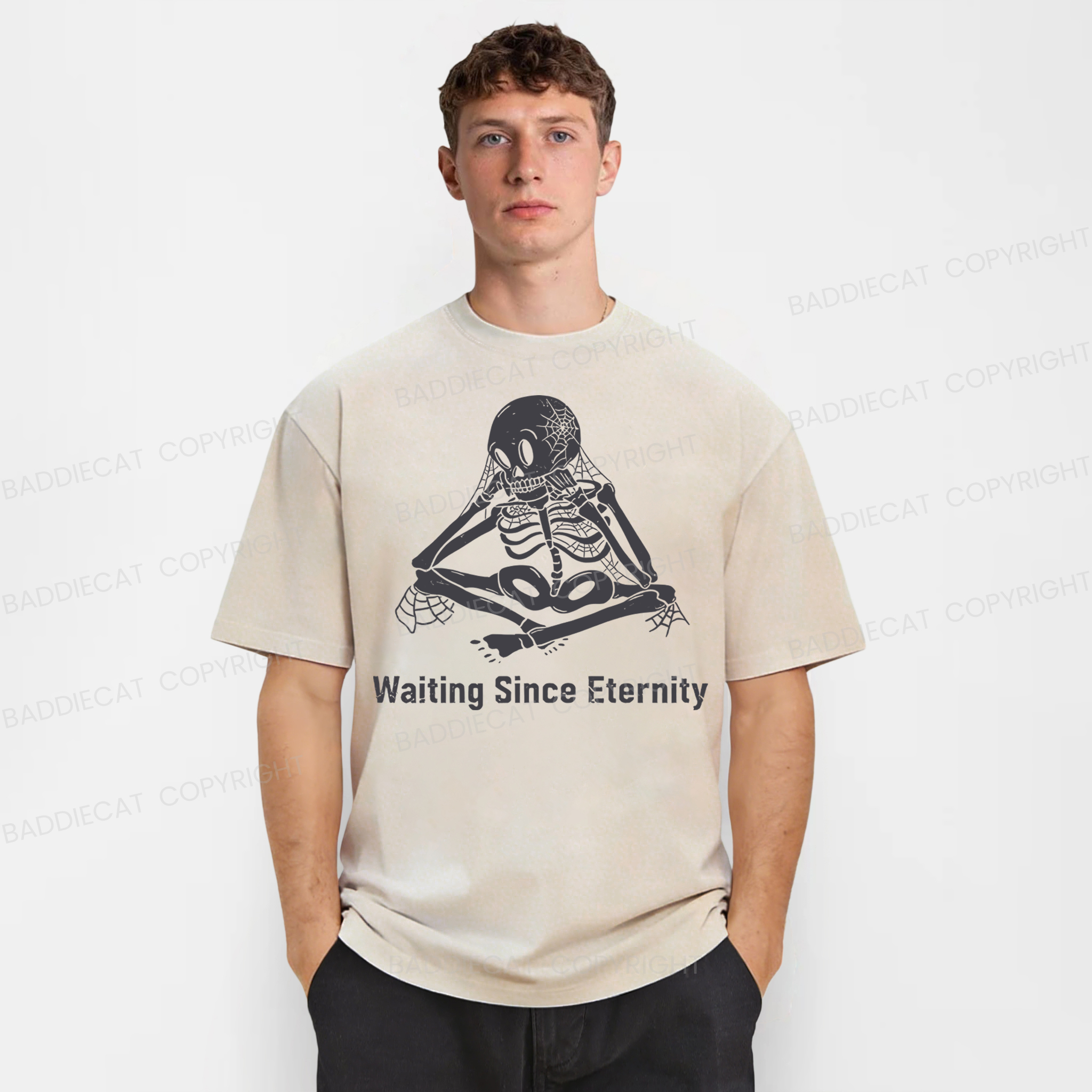 Baddiecat Skeleton Waiting Eternity Washed T-shirt