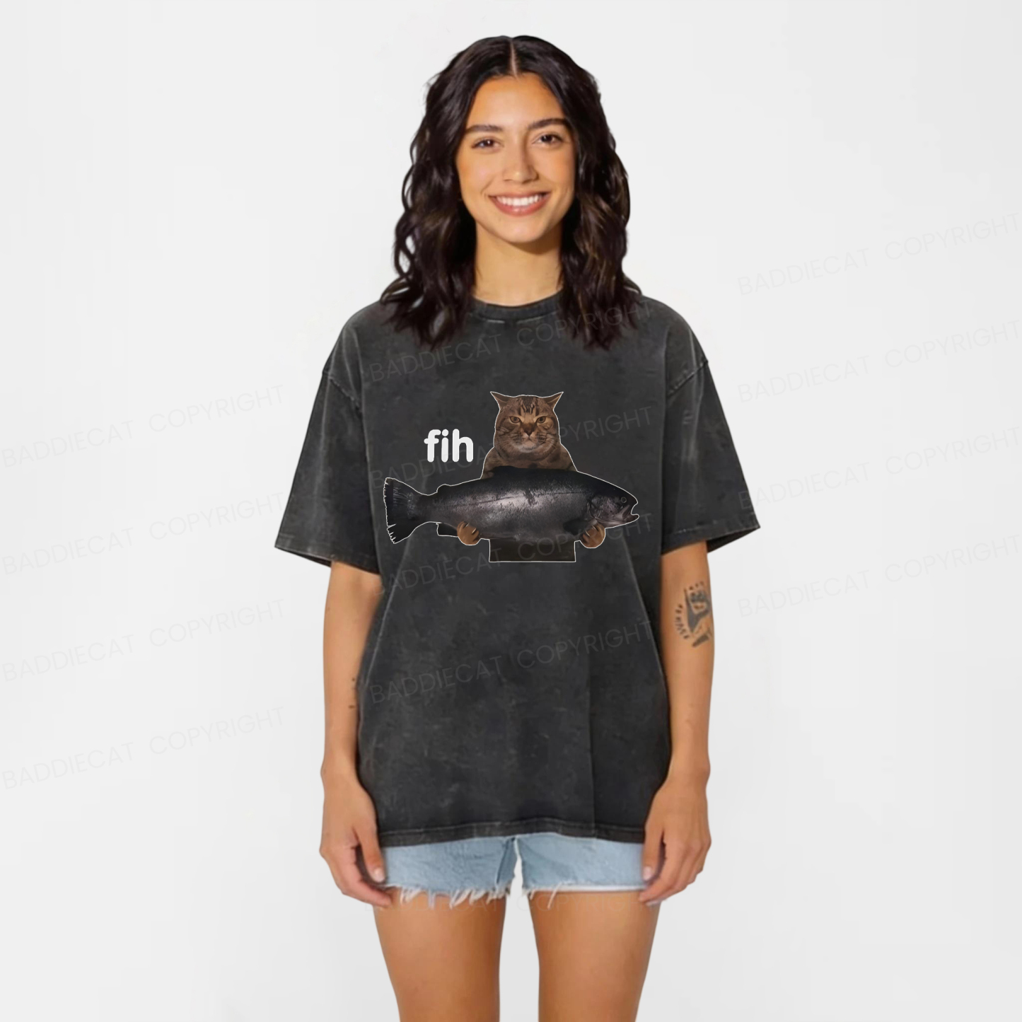 Baddiecat Funny Cat Fih Washed T-shirt