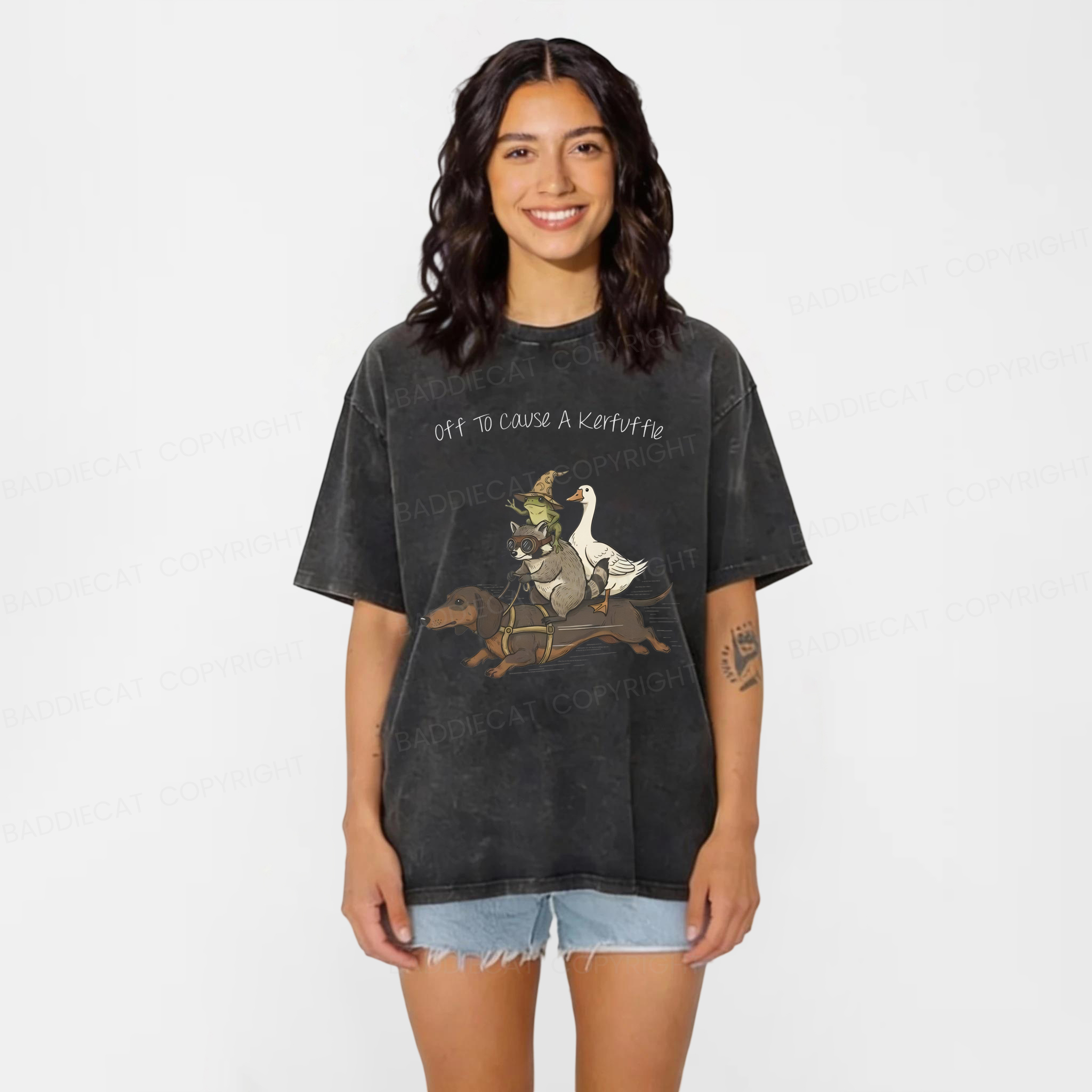 Baddiecat Funny Dachshund-Frog Off To Cause A Kerfuffle Washed T-shirt