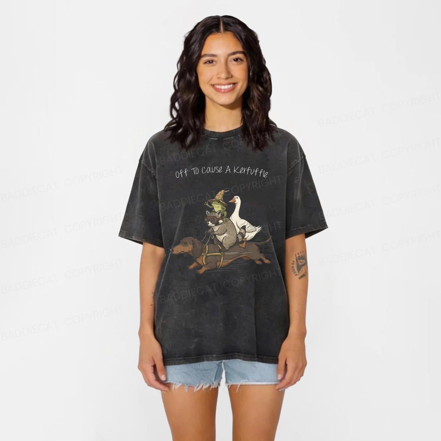 Baddiecat Funny Dachshund-Frog Off To Cause A Kerfuffle Washed T-shirt