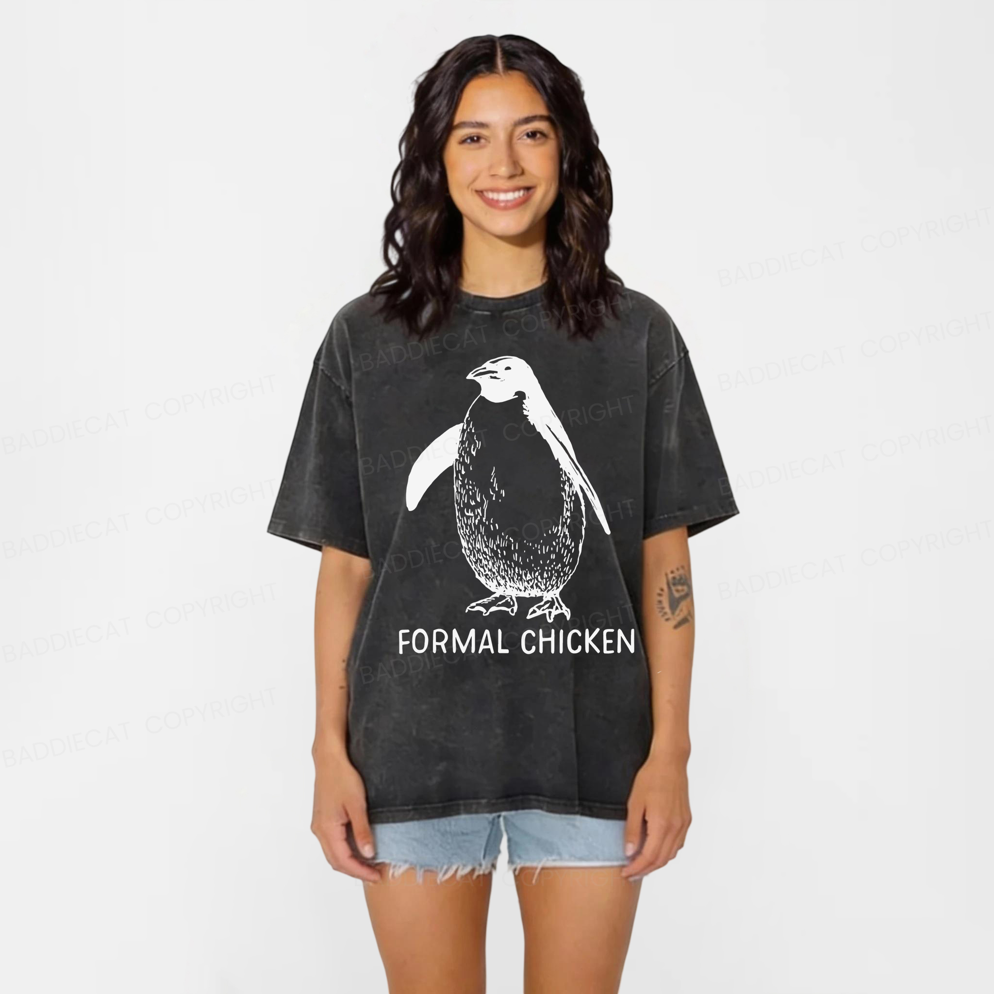 Baddiecat Funny Penguin Animal Joke Washed T-shirt