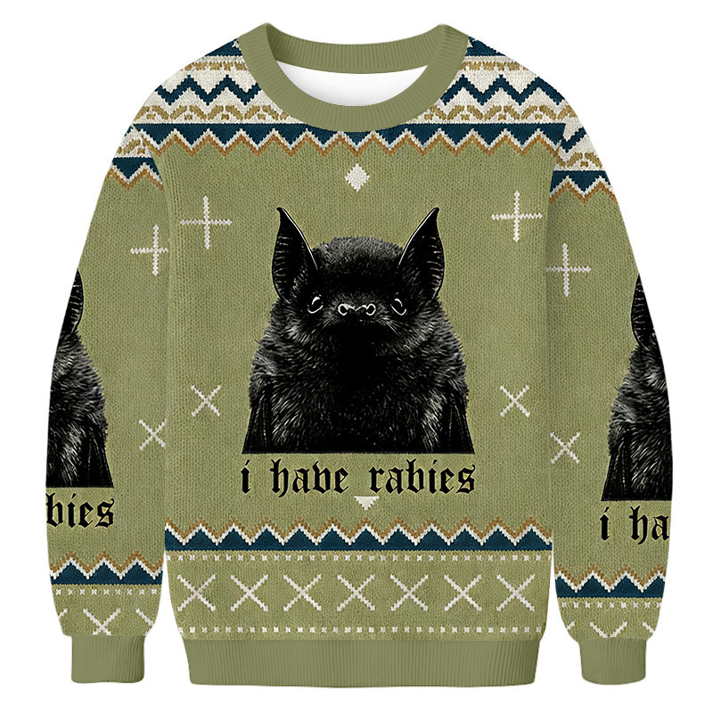 Baddiecat I Have Rabies Bat Pattern Ugly Sweatshirt
