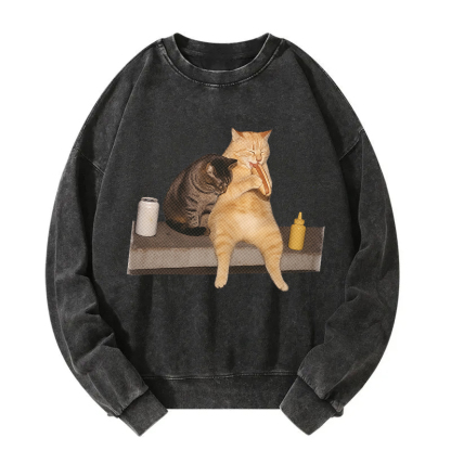 Cat Eating Hot Dog Washed Sweatshirt