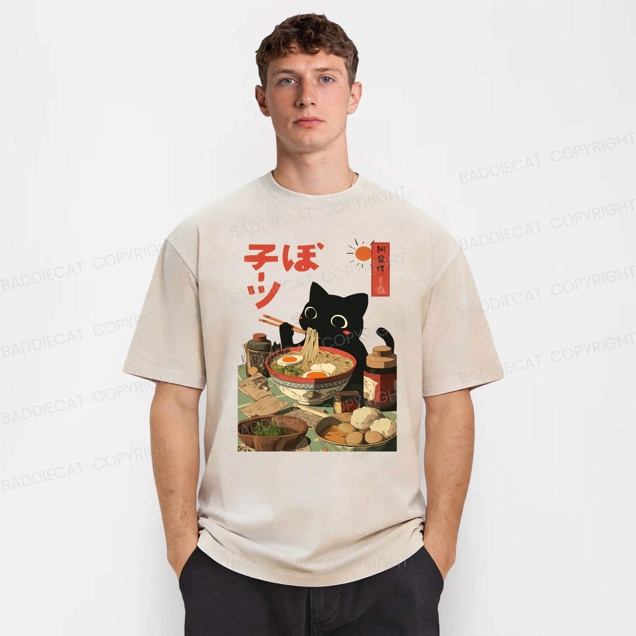 Baddiecat Japanese Black Cat Ramen Washed T-shirt
