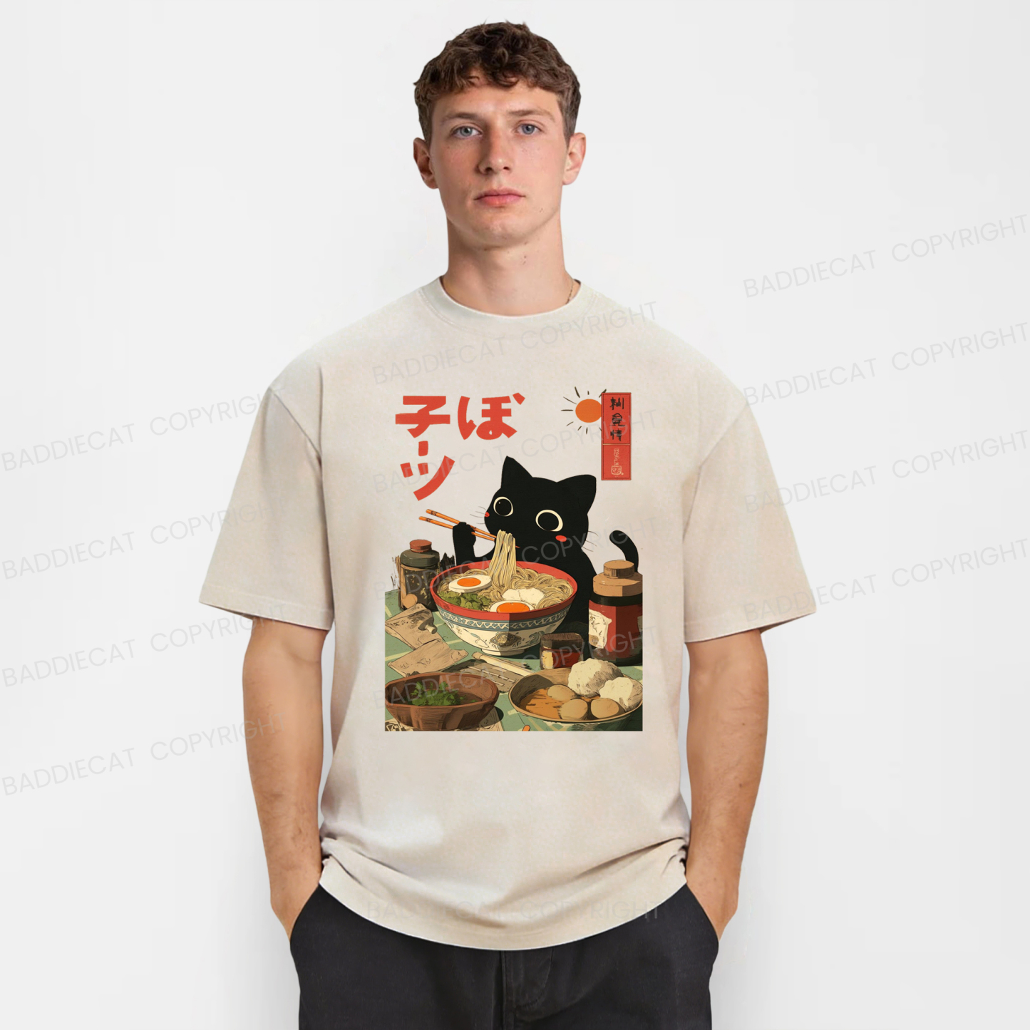 Baddiecat Japanese Black Cat Ramen Washed T-shirt