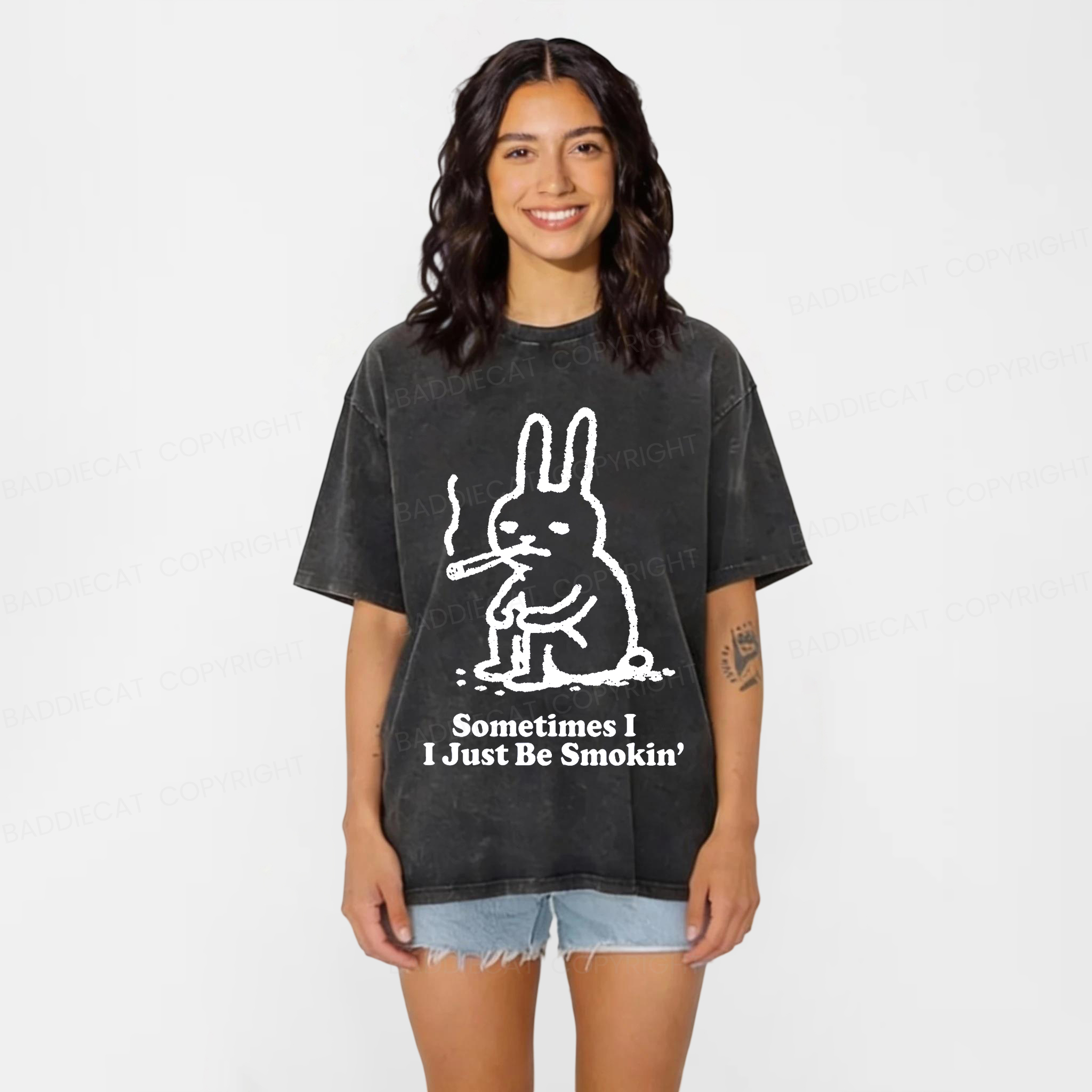 Baddiecat Humorous Rabbit Smok Washed T-shirt