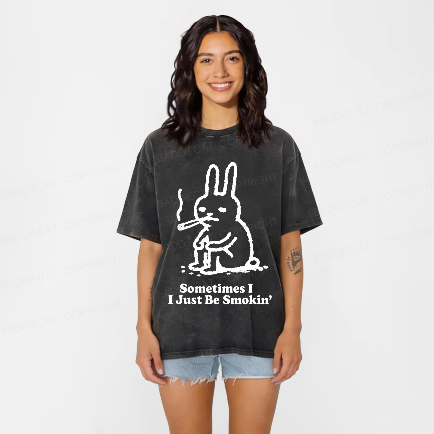 Baddiecat Humorous Rabbit Smok Washed T-shirt
