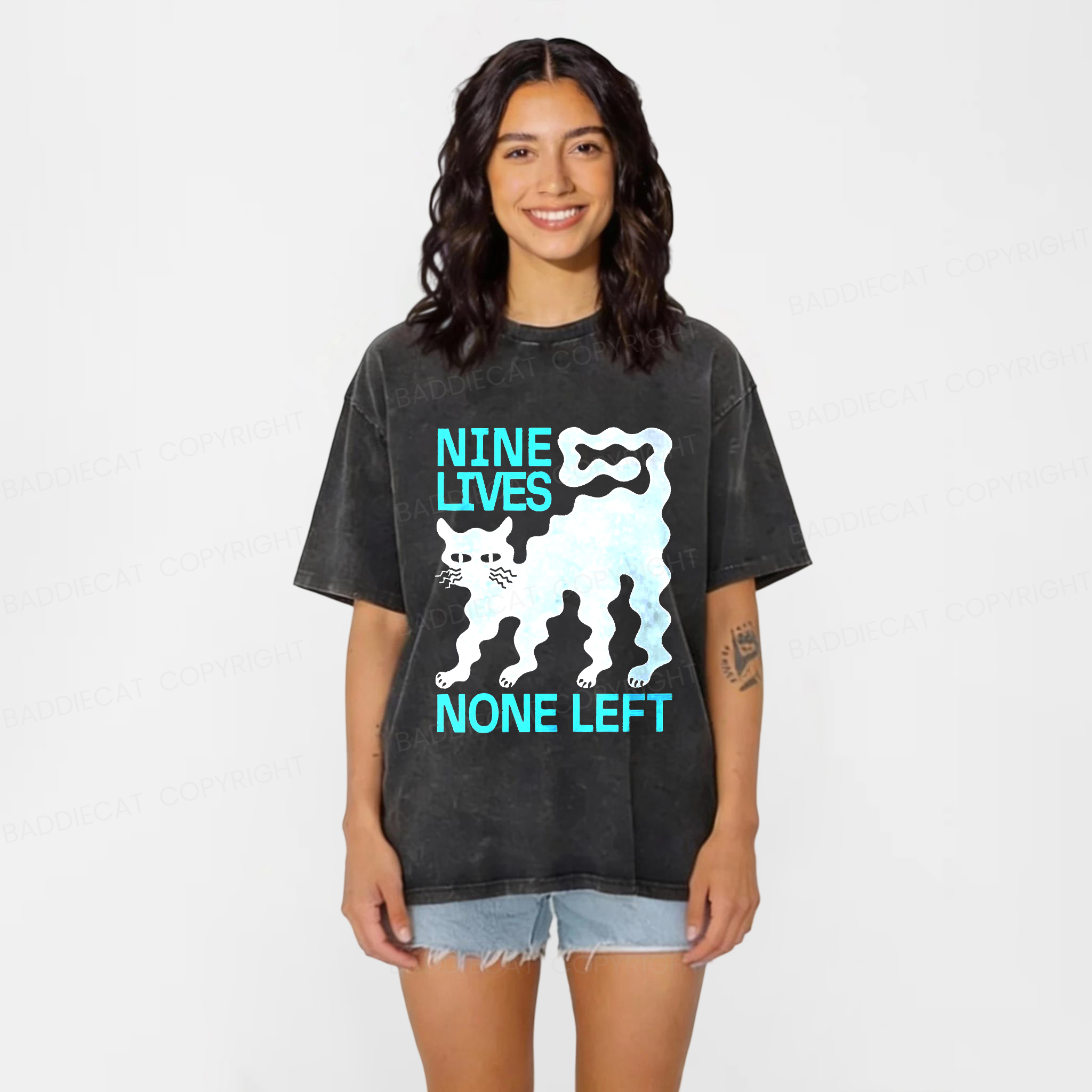 Baddiecat NINE LIVES NONE LEFT Washed T-shirt