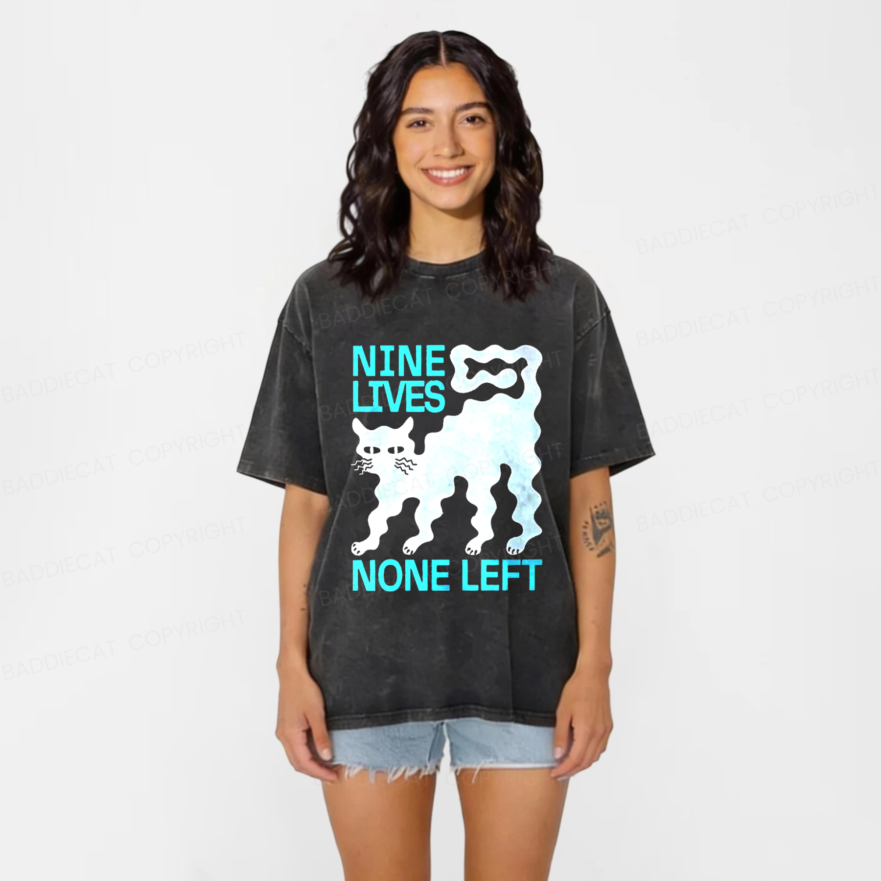Baddiecat NINE LIVES NONE LEFT Washed T-shirt