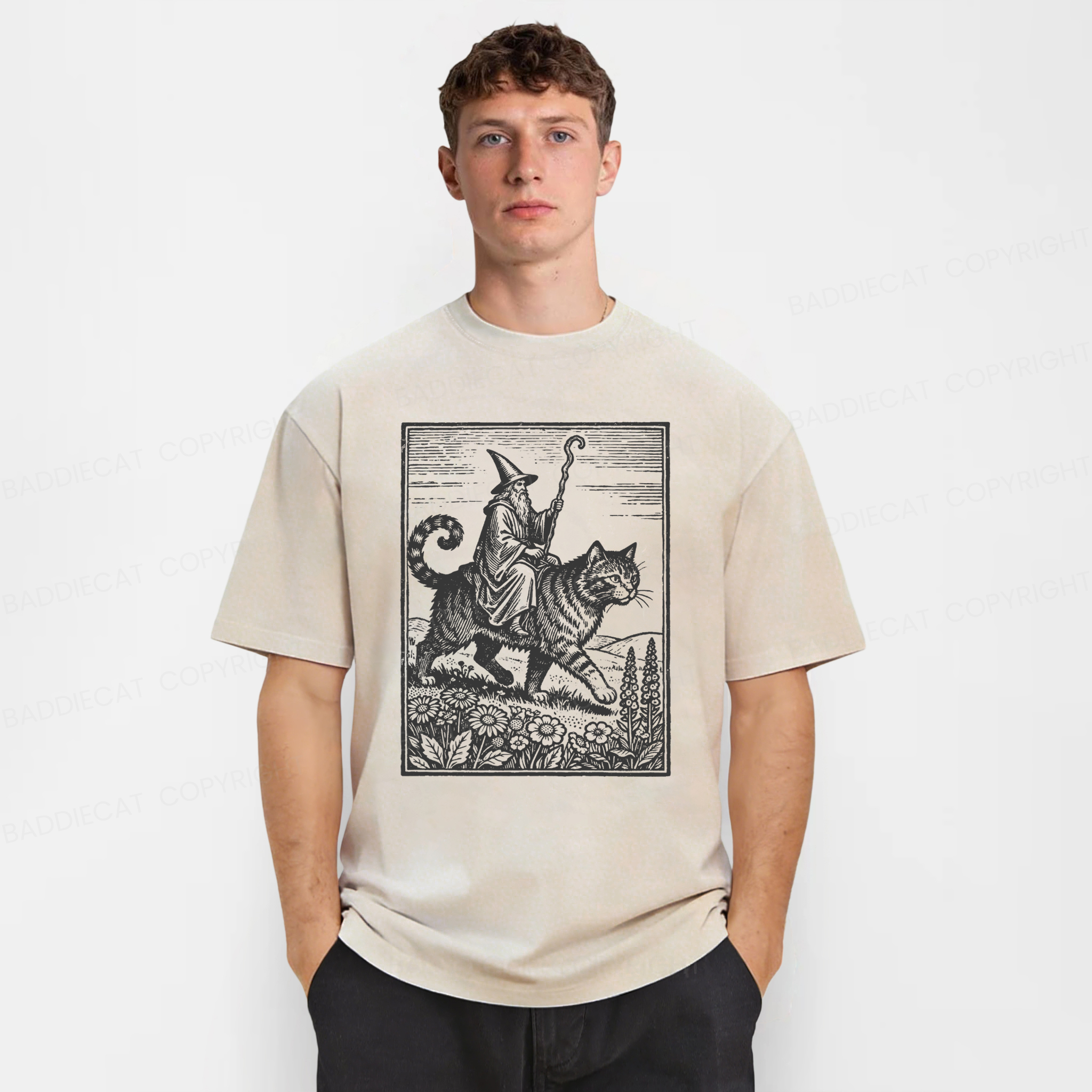Baddiecat Funny Wizard Cat Rider Washed T-shirt