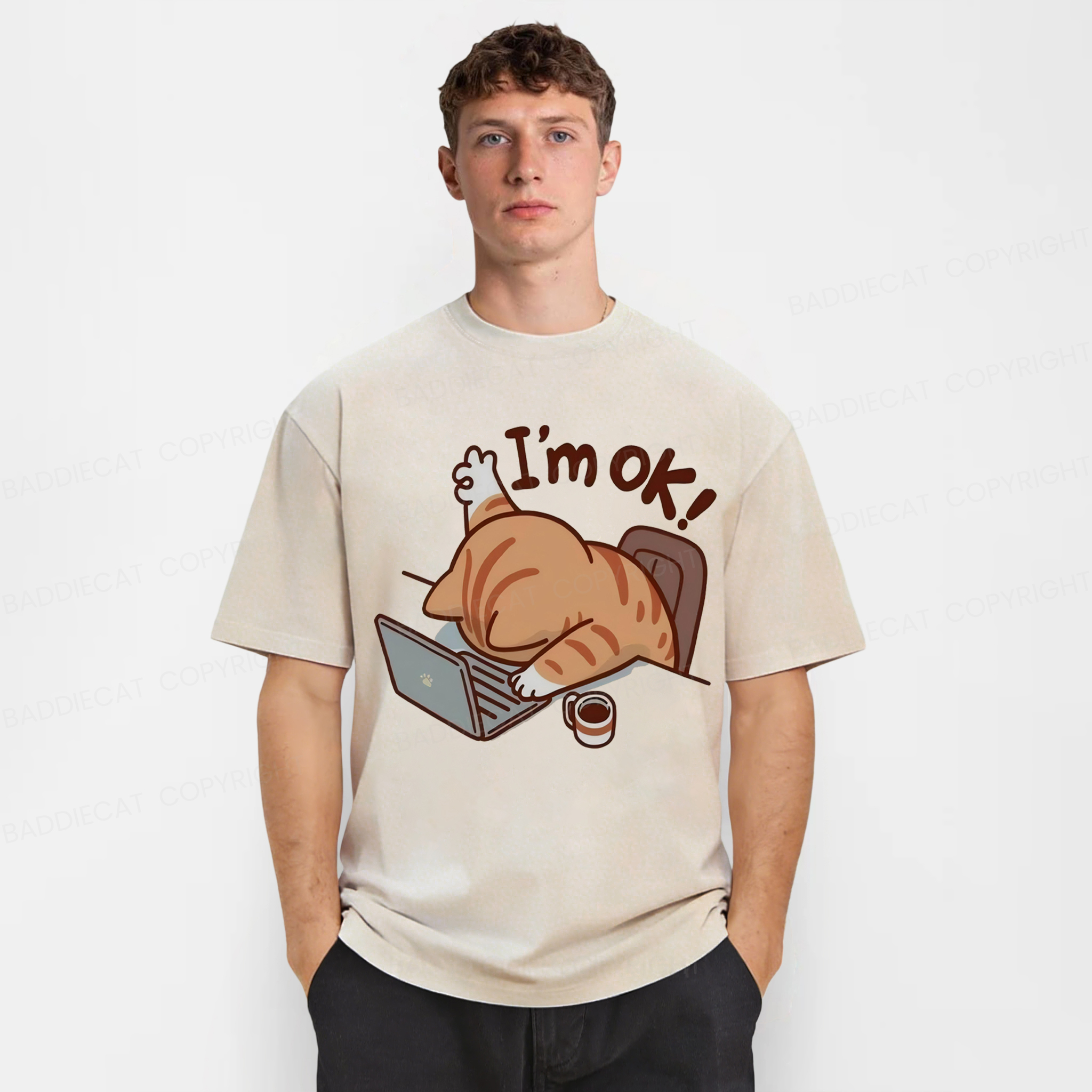 Baddiecat Funny Cat I'm Ok Washed T-shirt