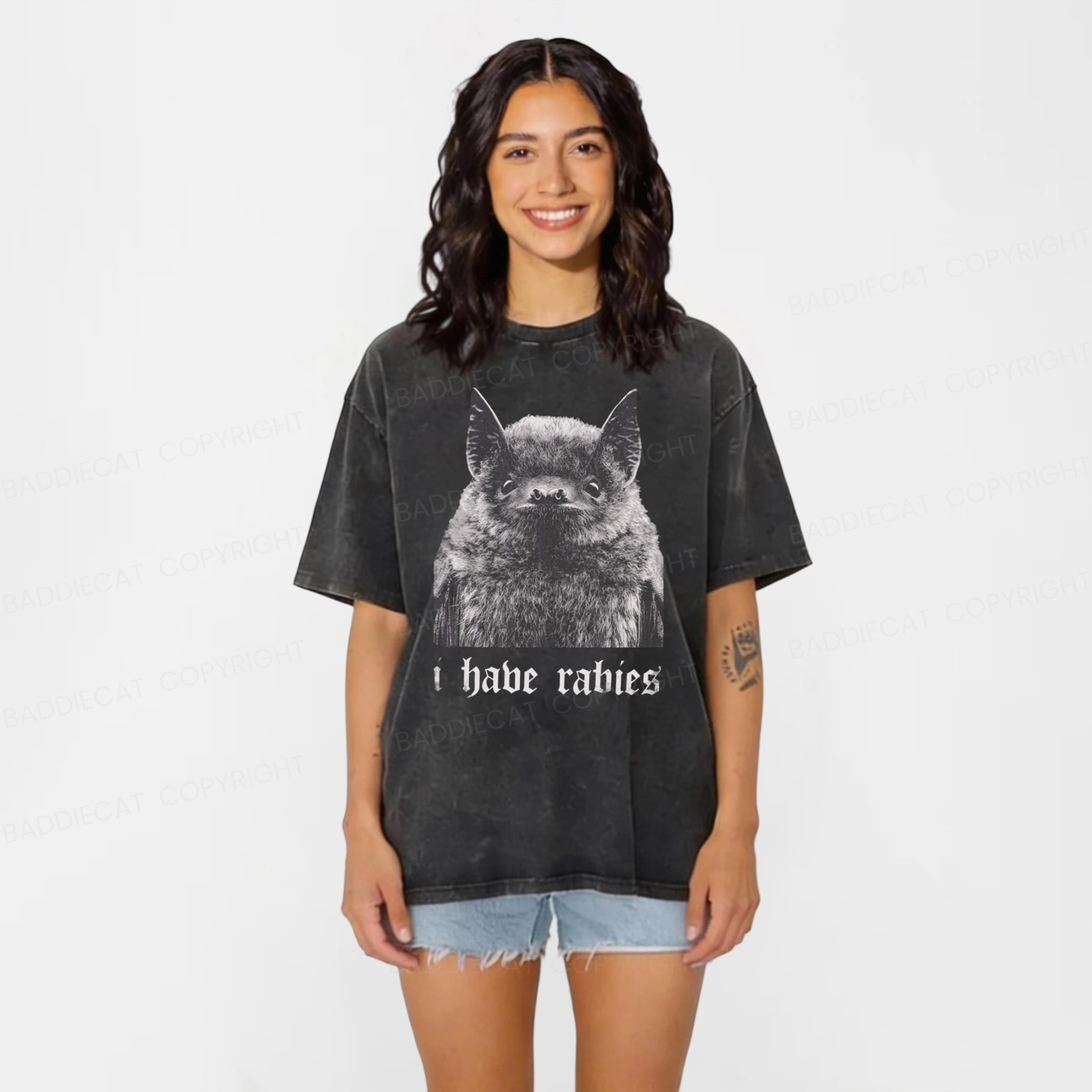 Baddiecat I Have Rabies Bat Washed T-shirt
