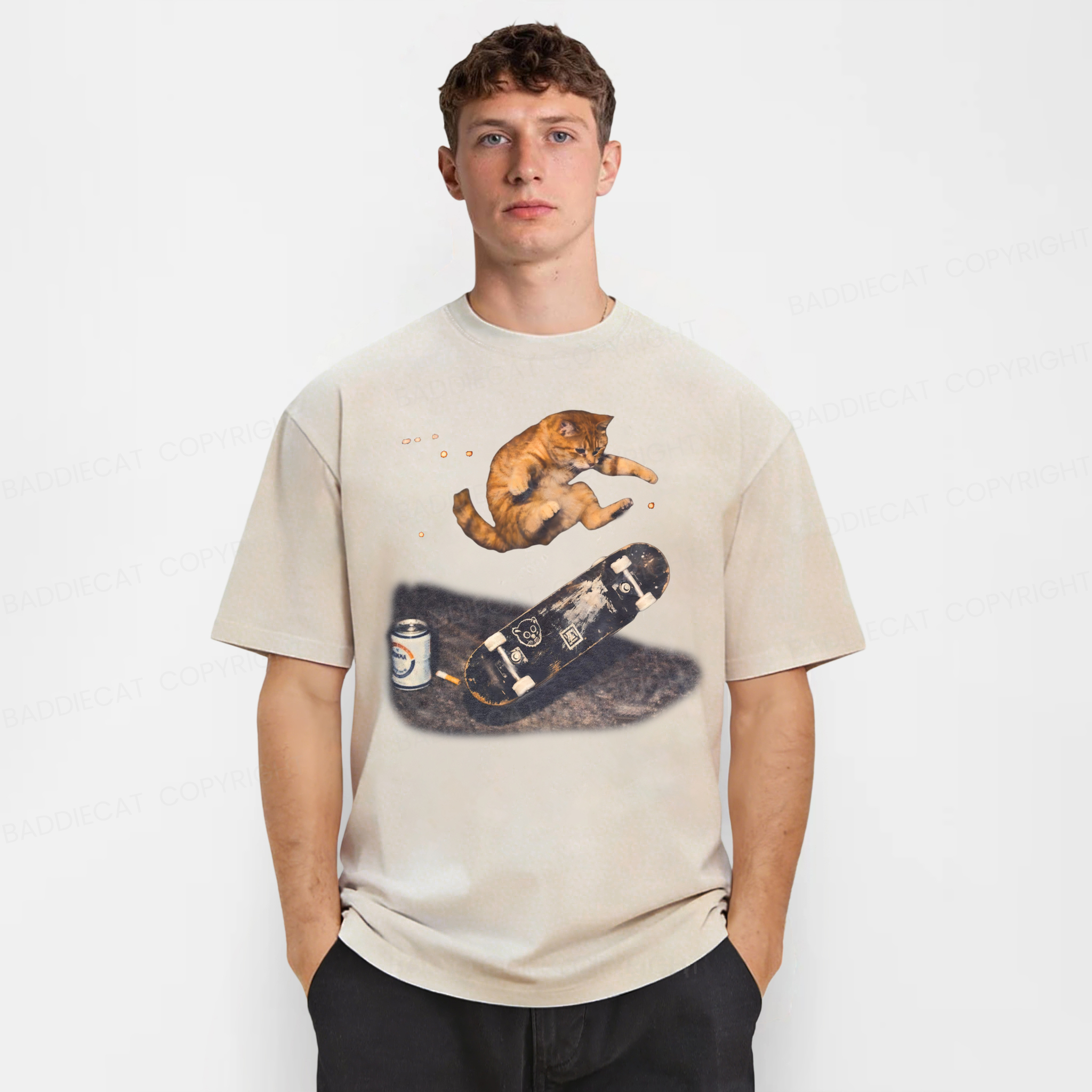 Baddiecat Skateboarding Cat Washed T-shirt