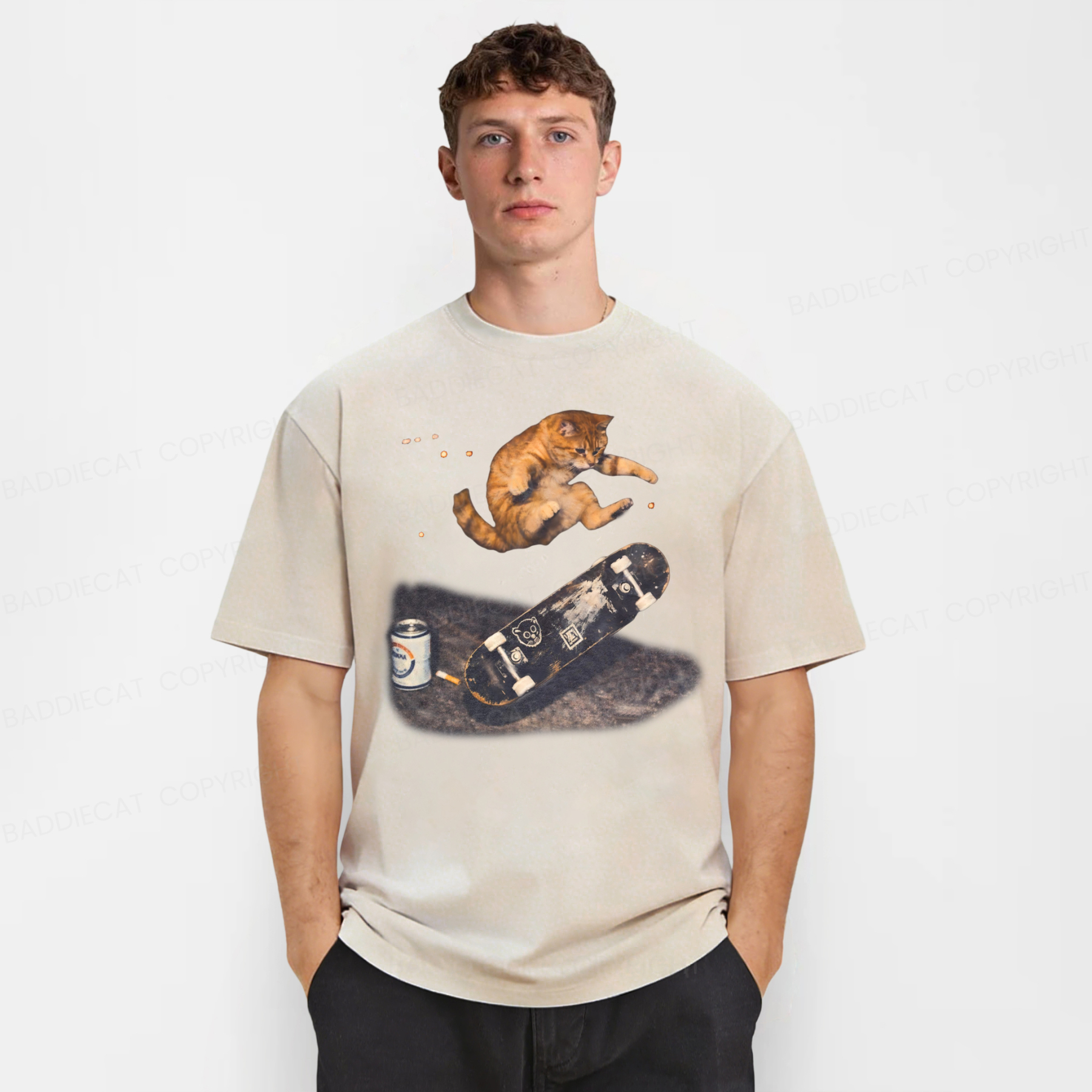 Baddiecat Skateboarding Cat Washed T-shirt