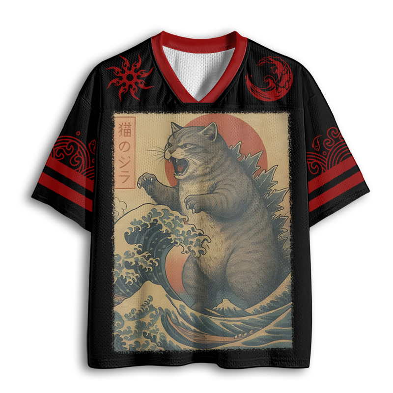 Baddiecat Japanese Wave Art Cat-Zilla Mesh Jersey
