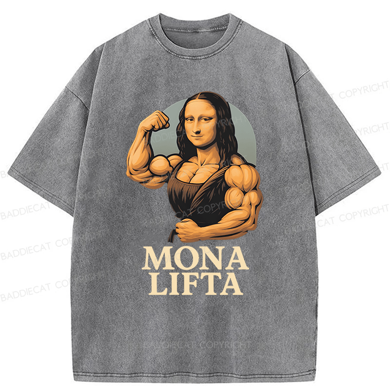 Baddiecat Powerlifting Gym Mona Lisa Parody Washed T-shirt