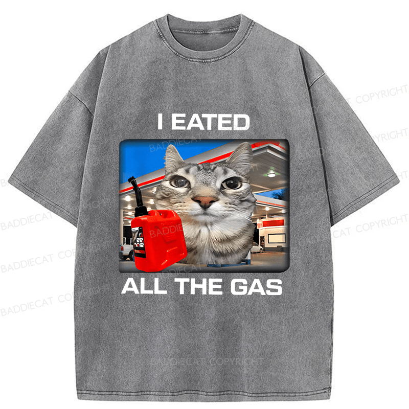 Baddiecat I Eated All The Gas Funny Silly Staring Cat Meme Washed T-shirt