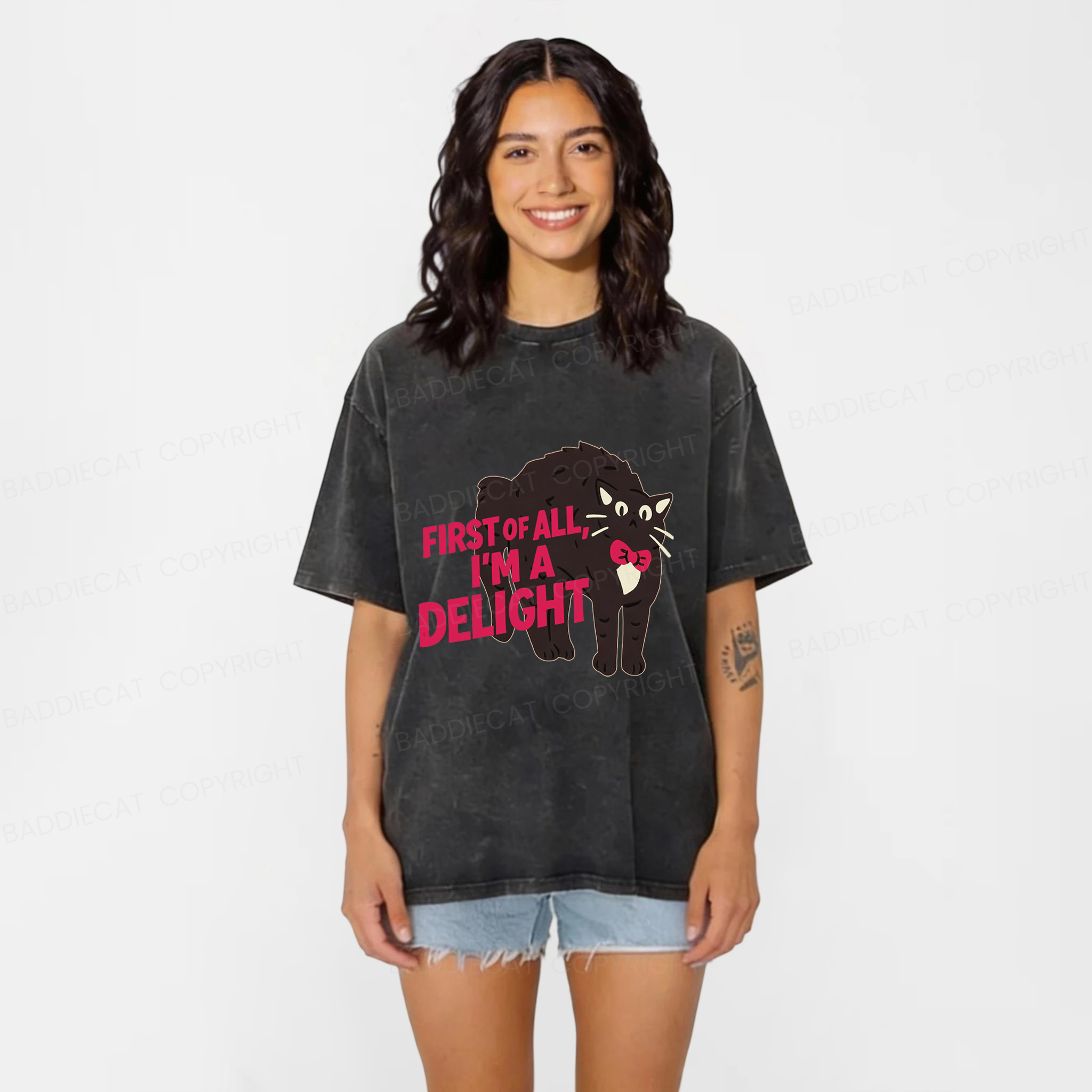 Baddiecat First Of All I Am A Delight Cat Washed T-shirt