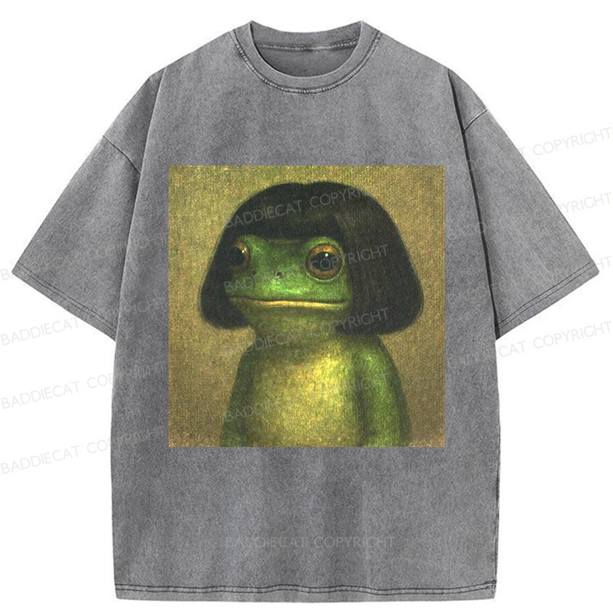 Baddiecat Frog With Bob Haircut Meme Washed T-shirt