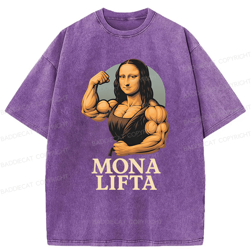 Baddiecat Powerlifting Gym Mona Lisa Parody Washed T-shirt