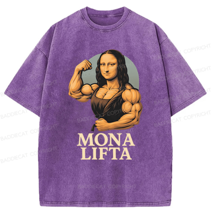 Baddiecat Powerlifting Gym Mona Lisa Parody Washed T-shirt