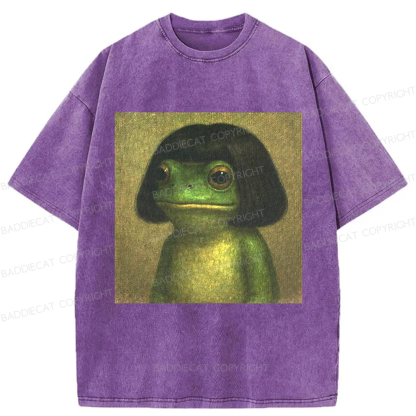 Baddiecat Frog With Bob Haircut Meme Washed T-shirt