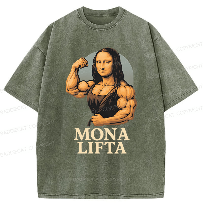 Baddiecat Powerlifting Gym Mona Lisa Parody Washed T-shirt