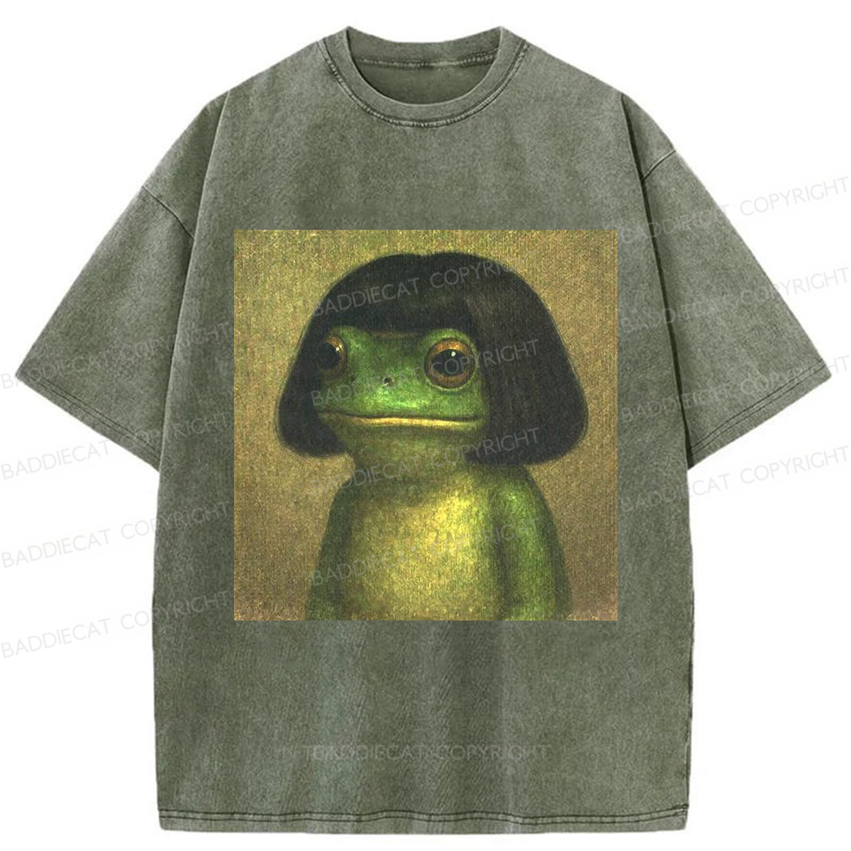 Baddiecat Frog With Bob Haircut Meme Washed T-shirt