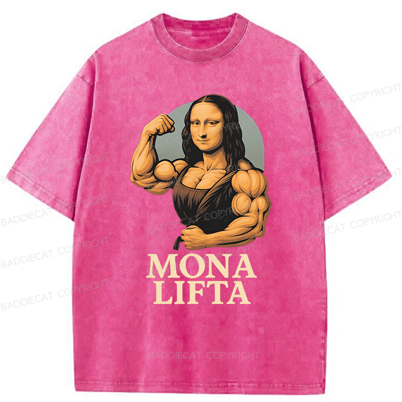 Baddiecat Powerlifting Gym Mona Lisa Parody Washed T-shirt
