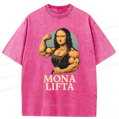 Baddiecat Powerlifting Gym Mona Lisa Parody Washed T-shirt