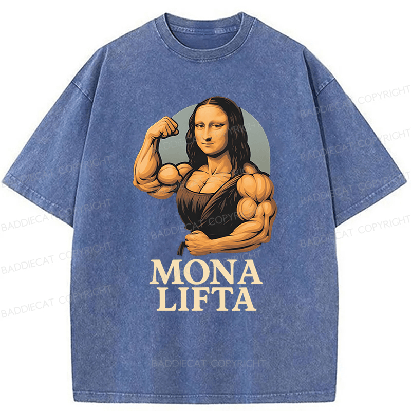 Baddiecat Powerlifting Gym Mona Lisa Parody Washed T-shirt